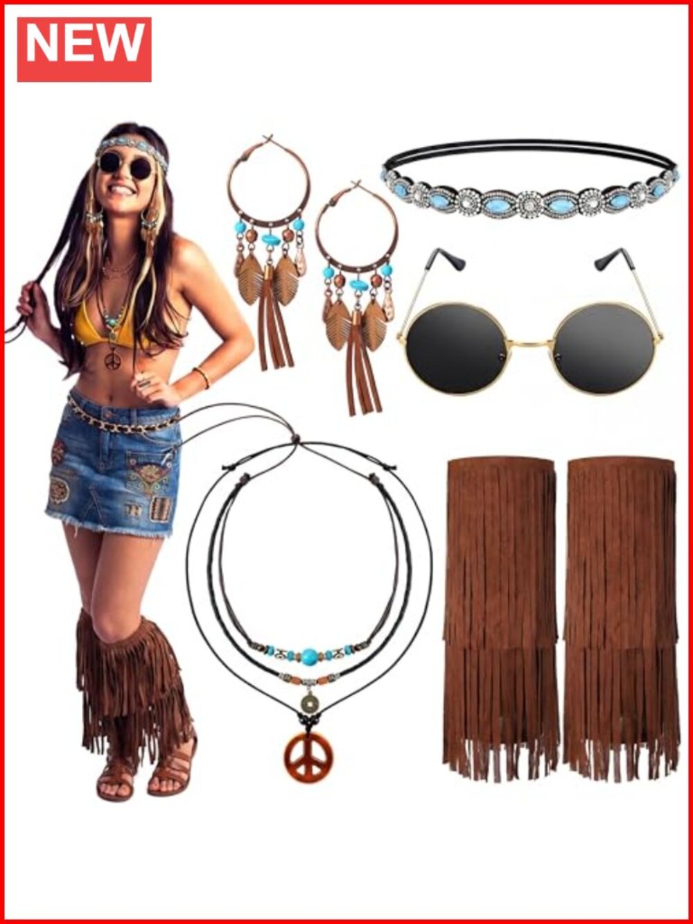 5 Pcs Hippie Costume Set Beaded Headbands Dangle Earrings Sunglasses Boot